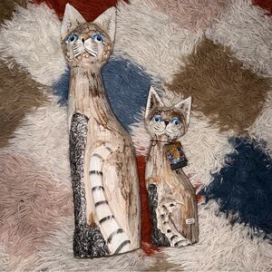 Vintage Hand Carved Hand Painted Wooden Cats Pair With Blue Eyes